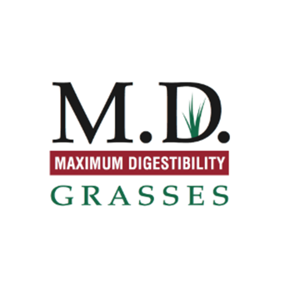 Logo featuring "M.D. Grasses" text with a grass blade design, and "Maximum Digestibility" in a red box. Simple and clean design for branding.