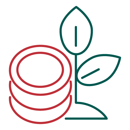 The image depicts a simple icon showing three stacked coins next to a growing plant with two leaves, symbolizing financial growth or eco-friendly investments.