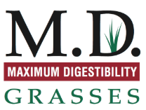 Logo for "M.D. Grasses" with the slogan "Maximum Digestibility" beneath it. The letter "D" features a green grass graphic.