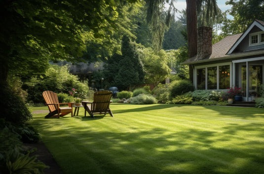 A serene garden with two empty chairs on a manicured lawn, surrounded by lush greenery and adjacent to a cozy house with large windows.