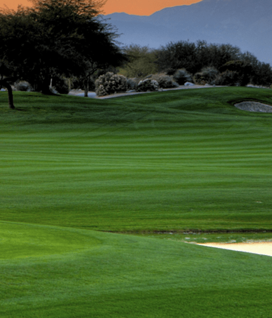 A serene golf course featuring manicured greens, distant trees, and a beautiful sunset sky with mountains in the background.