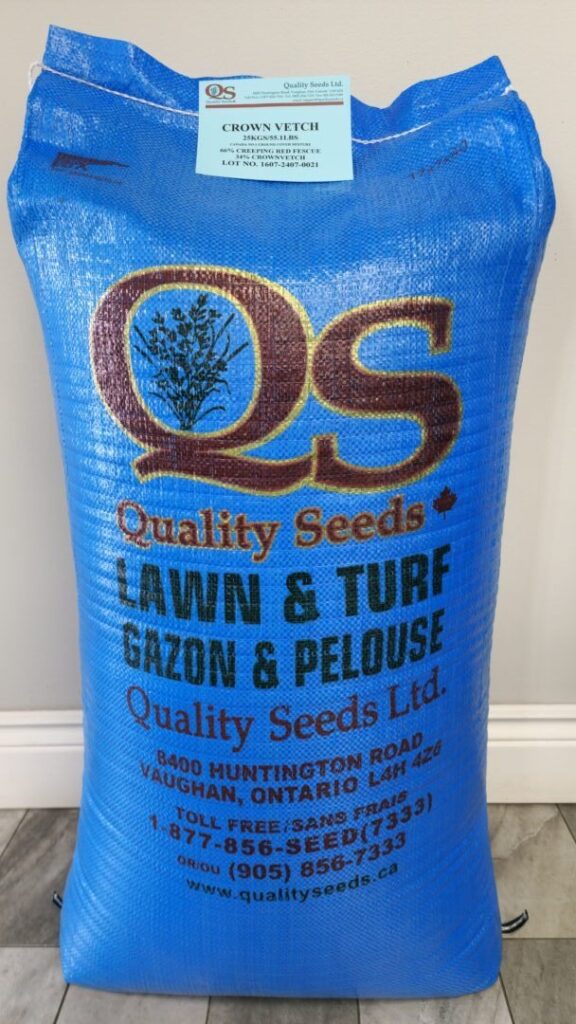 A large blue bag labeled "Quality Seeds Ltd." contains crown vetch seeds for lawn and turf, with contact information for Vaughan, Ontario.