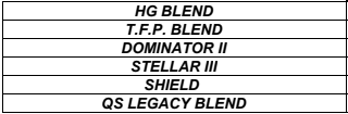 The image displays a list of names in a table format: HG BLEND, T.F.P. BLEND, DOMINATOR II, STELLAR III, SHIELD, QS LEGACY BLEND.