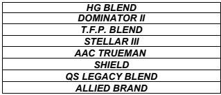 The image shows a list including HG Blend, Dominator II, T.F.P. Blend, Stellar III, AAC Trueman, Shield, QS Legacy Blend, and Allied Brand.