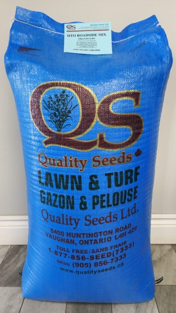 A blue bag from Quality Seeds Ltd., labeled "LAWN & TURF" with contact information from Vaughan, Ontario, and a smaller MTO Roadside Mix label attached.