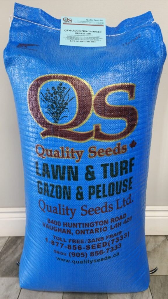 A blue bag labeled "Quality Seeds" contains lawn and turf seeds. The company information and contact details are displayed on the packaging.