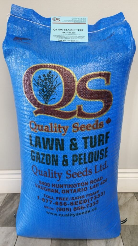 A blue bag labeled "Quality Seeds Ltd." contains lawn and turf seeds. It is from Vaughan, Ontario, with contact information printed on it.