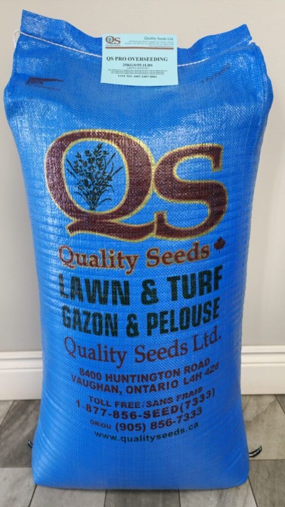 A blue bag of Quality Seeds Ltd. for lawn and turf overseeding, including contact information and location in Vaughan, Ontario.