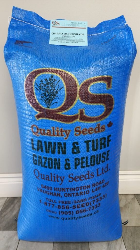 A blue bag of Quality Seeds Ltd. lawn and turf seeds, displaying company information and contact details located in Vaughan, Ontario, on a tiled floor.