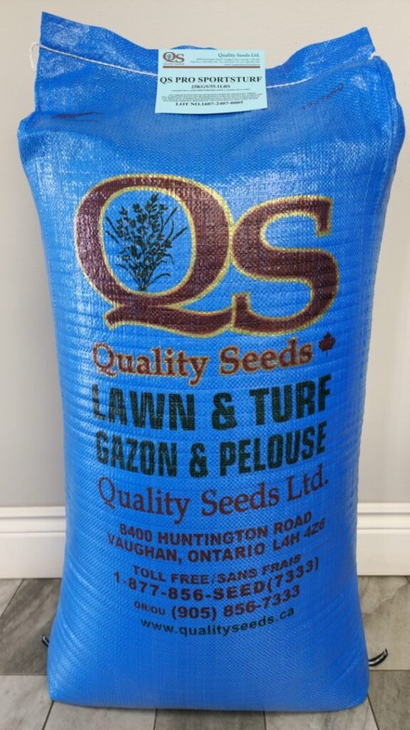 A blue bag of Quality Seeds Ltd. lawn and turf seed with contact information, located on Huntington Road in Vaughan, Ontario.