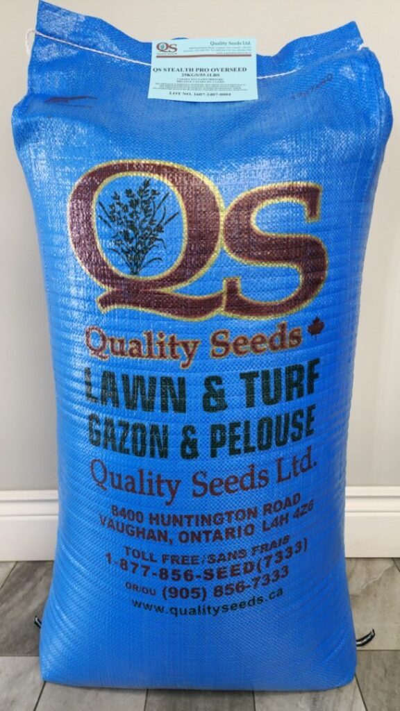 A blue bag of "Quality Seeds Ltd." for lawn and turf, located at 8400 Huntington Road, Vaughan, Ontario, with contact information and website displayed.