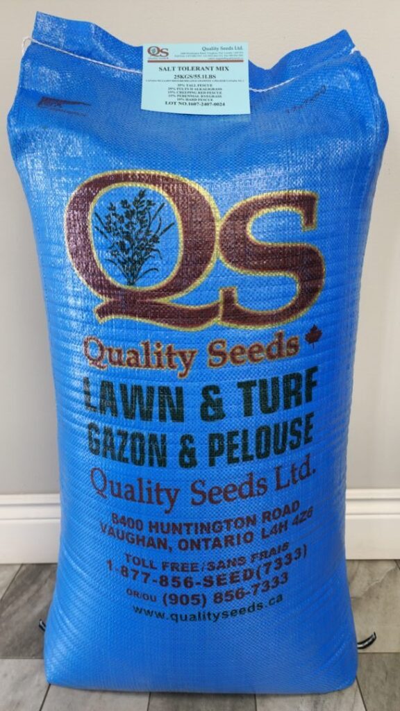 A blue bag of Quality Seeds Ltd., labeled "Lawn & Turf," with contact details and location in Vaughan, Ontario, against a wall and floor backdrop.