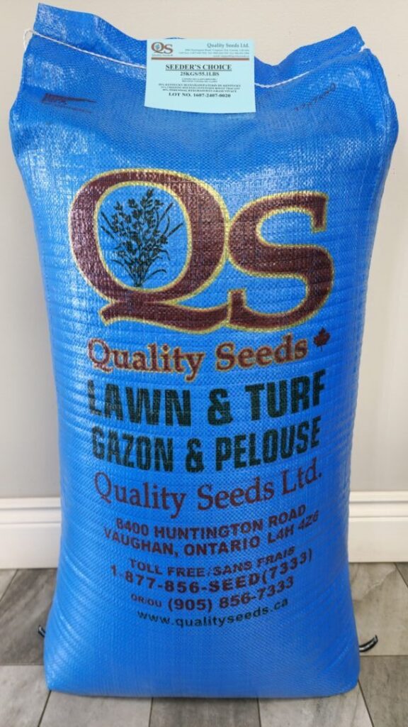 A blue bag labeled "Quality Seeds Ltd." contains lawn and turf seeds. The company's address is Vaughan, Ontario, and it includes contact information and a website.