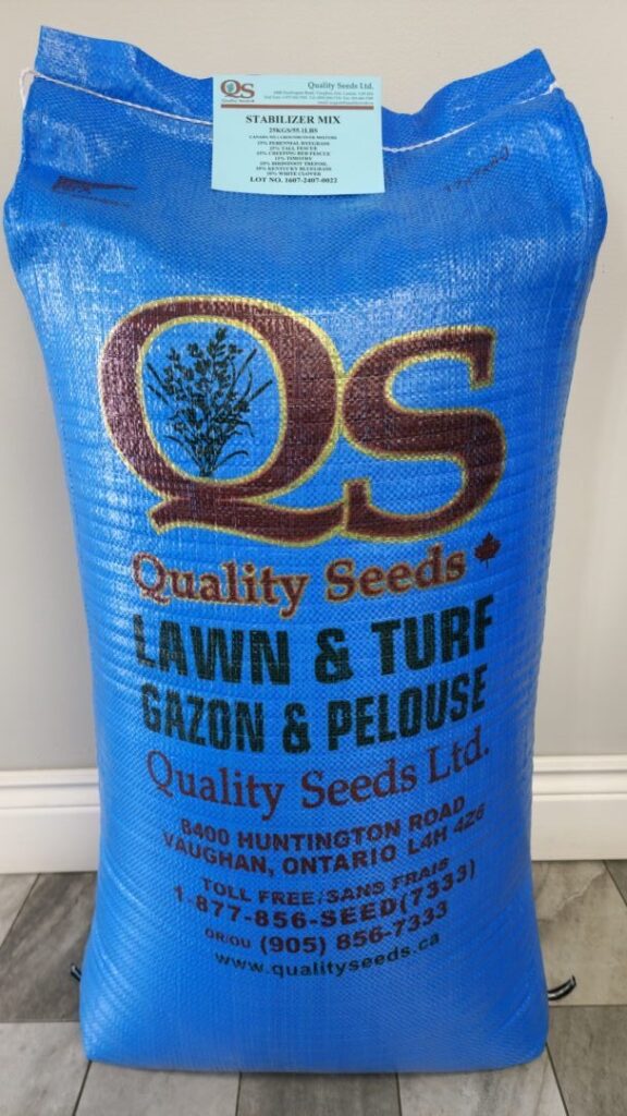 A blue bag labeled "Quality Seeds Lawn & Turf" from Quality Seeds Ltd, with contact information and an address in Vaughan, Ontario.