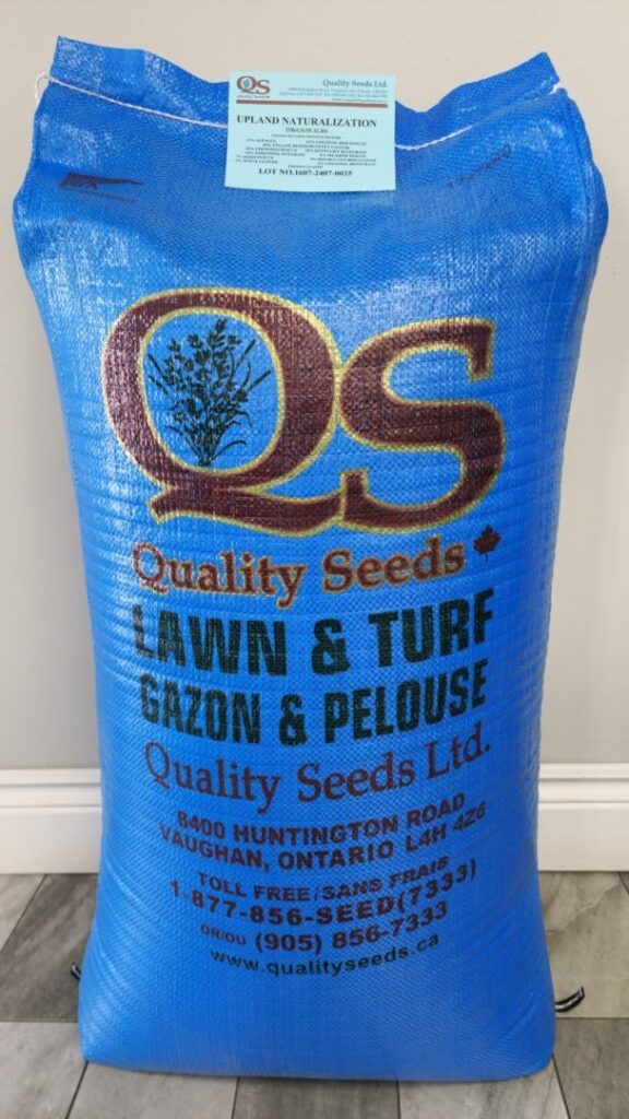 A blue package labeled "Quality Seeds Ltd." contains lawn and turf seed. Address: 8400 Huntington Road, Vaughan, Ontario, L4H 4Z6, Canada.