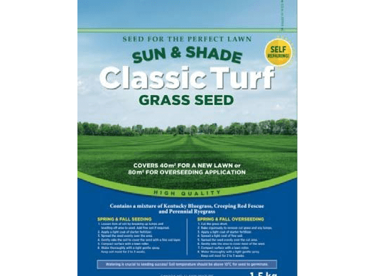 The image displays packaging for "Classic Turf Grass Seed," suitable for sun and shade, covering 40m² for new lawns or 80m² for overseeding application.