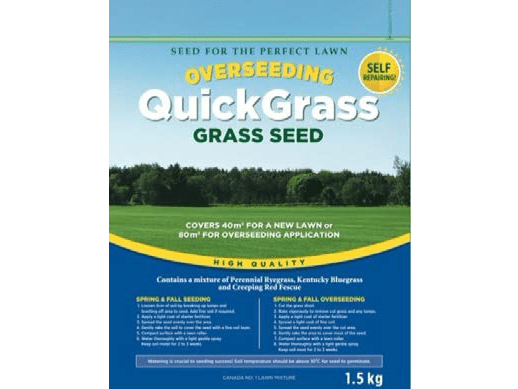 This is a package of QuickGrass Overseeding Grass Seed, featuring high-quality seed for a perfect lawn. The package weighs 1.5 kg and has instructions.