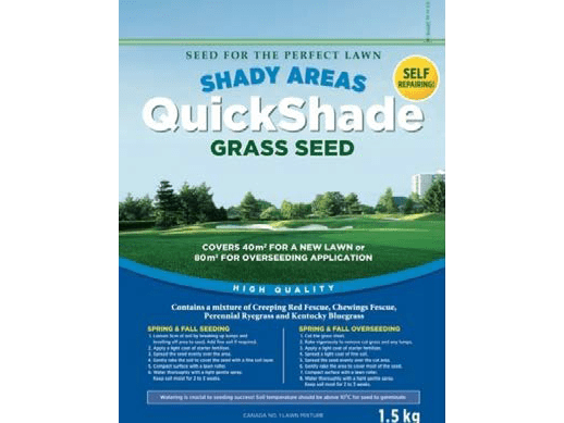 A package of QuickShade grass seed for shady areas, promoting high-quality seeding. Covers 40-80m² with Creeping Red Fescue, Chewings Fescue, Ryegrass, and Kentucky Bluegrass.