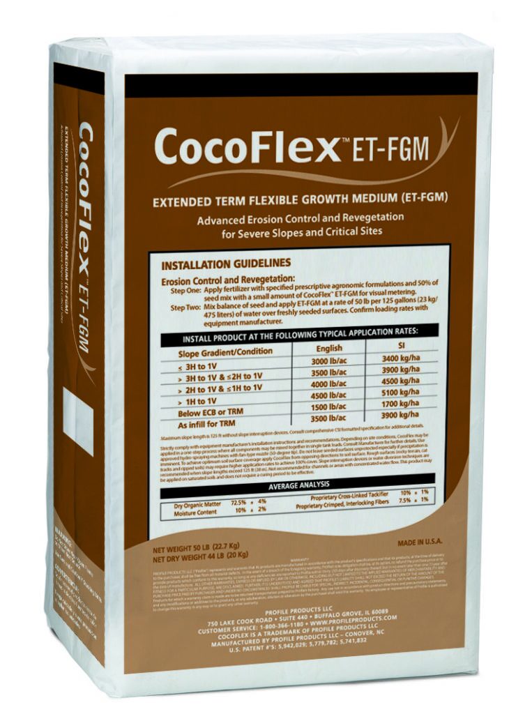 The image shows a white package with "CocoFlex ET-FGM" label for erosion control and revegetation, listing detailed installation guidelines and application rates.