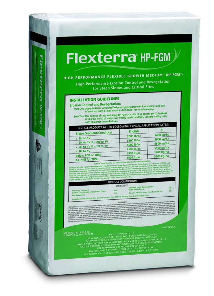 A green and white bag of Flexterra HP-FGM, labeled as high-performance flexible growth medium, with detailed installation guidelines and product composition.