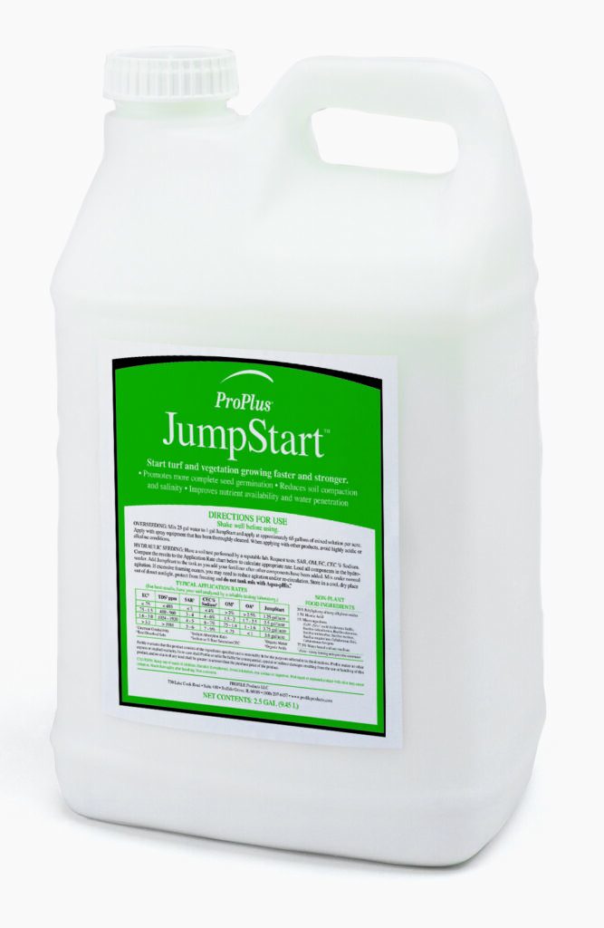 A white plastic container with a green label for "ProPlus JumpStart," a product used for turf and vegetation growth, is shown in the image.