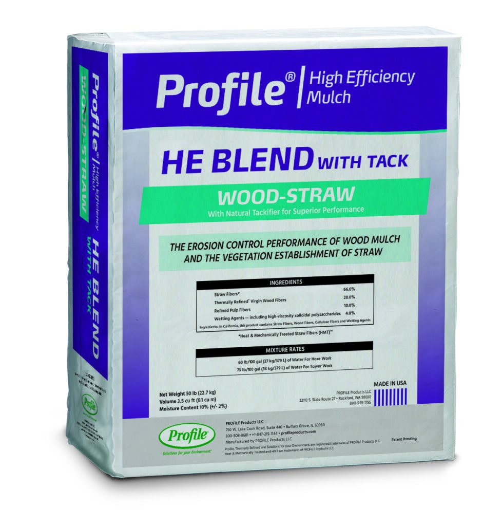 A bag of Profile High Efficiency Mulch, HE Blend with Tack, Wood-Straw, for erosion control and vegetation establishment, weighing 50 lbs.