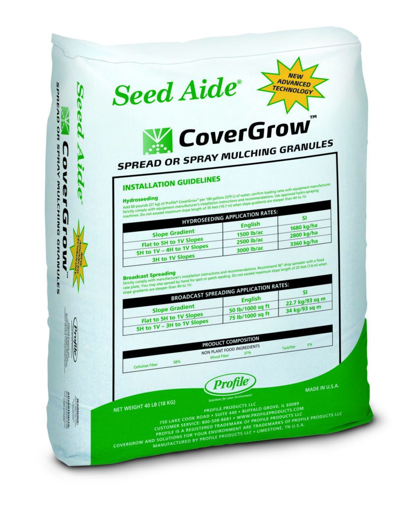 A 40 lb bag of Profile Seed Aide CoverGrow, a spread or spray mulching granule. Installation guidelines and product composition are printed on the front.