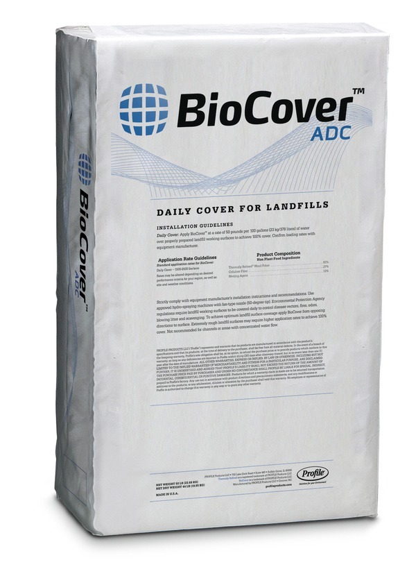 A bag of BioCover ADC, a daily cover material for landfills. The packaging includes application guidelines and product composition details.