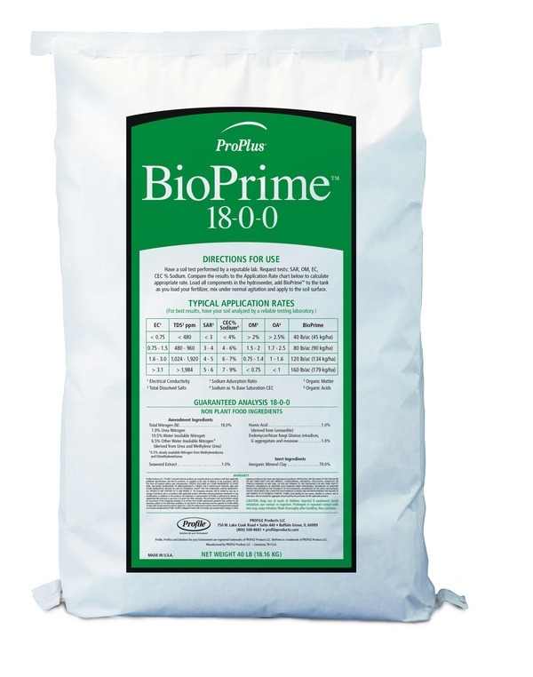 A white bag labeled "BioPrime 18-0-0" with application directions and product details. Net weight: 40 lb (18.16 kg).