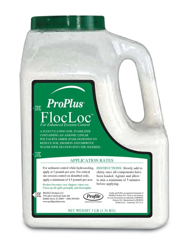 A white 3-pound container of ProPlus FlocLoc, an erosion control soil stabilizer, with application instructions, manufactured by Profile Products, LLC.