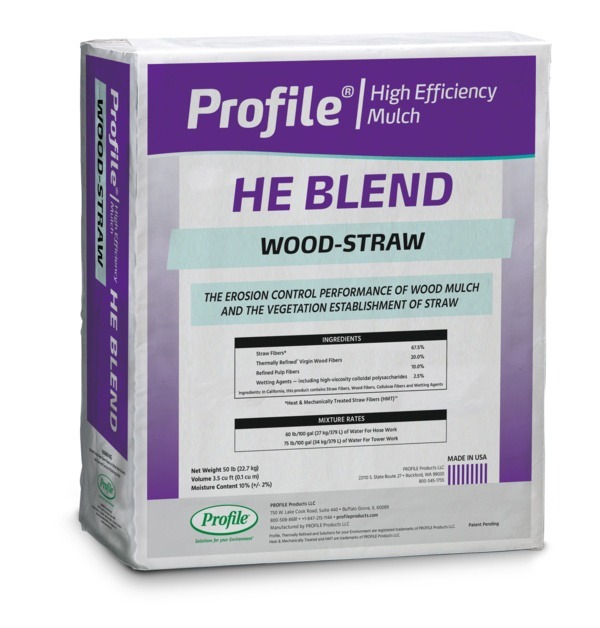 A bag labeled "Profile HE Blend Wood-Straw," designed for erosion control with wood mulch and straw, weighing 50 pounds and made in the USA.